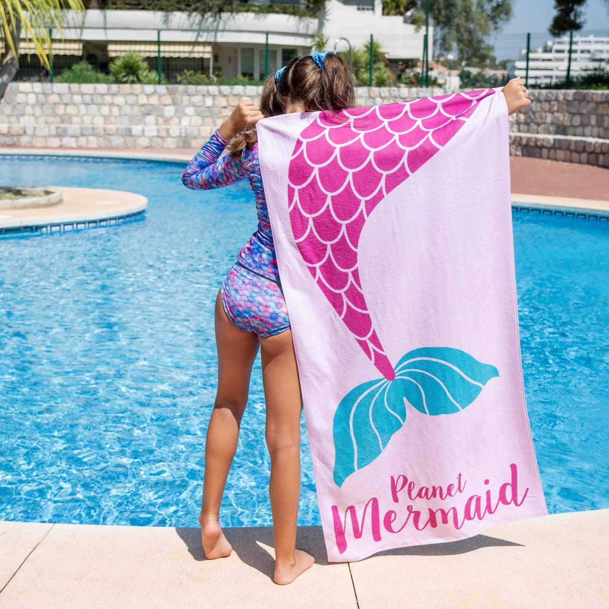 Planet Mermaid Towel featuring a Mermaid Tail. 100% Cotton swimming pool or beach towel